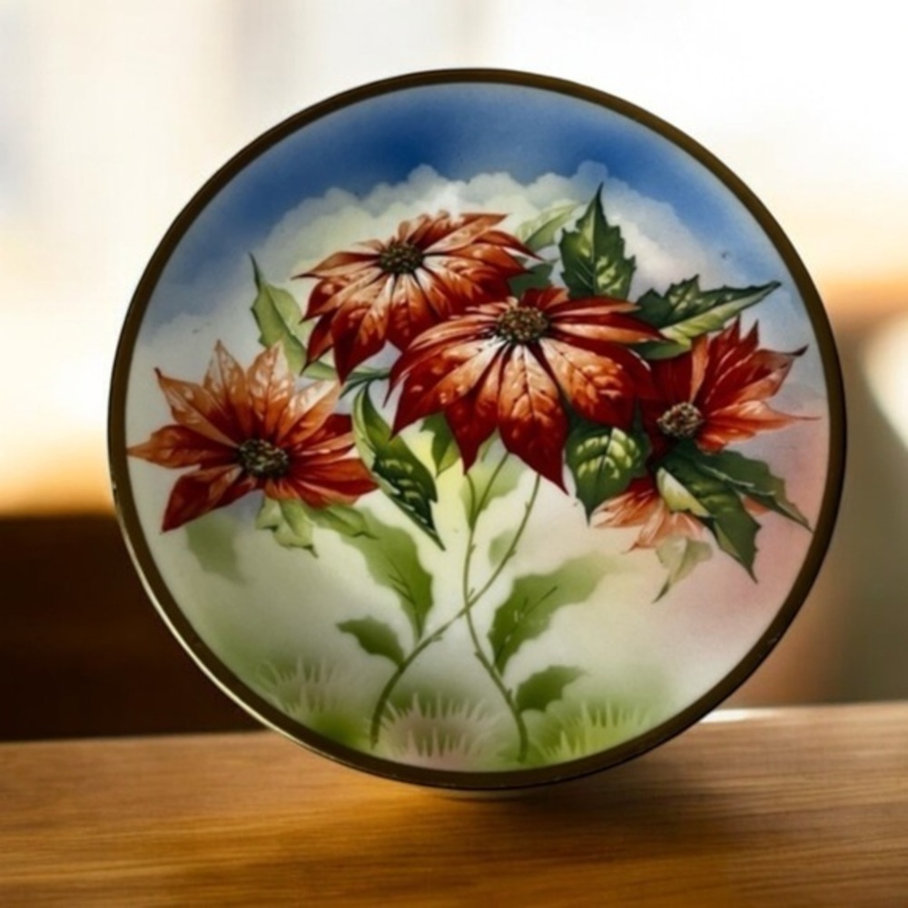 Antique Floral Decorative Plate with Red Flowers hand painted